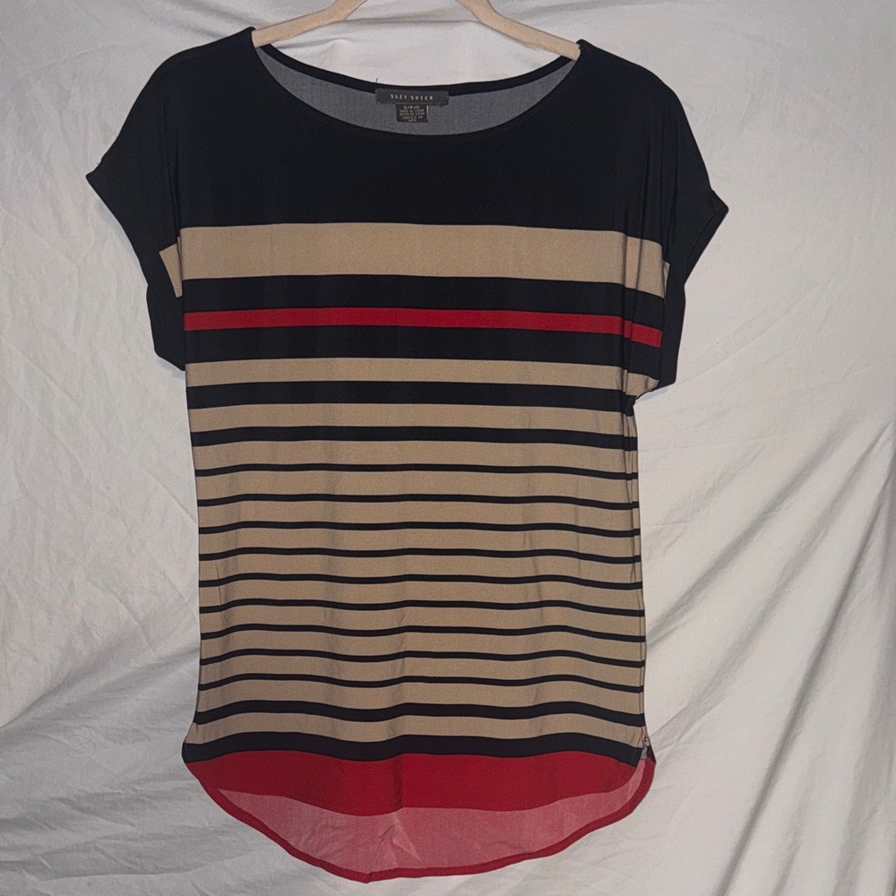 Suzy Shier Black and Beige Striped Tee with Red Accent